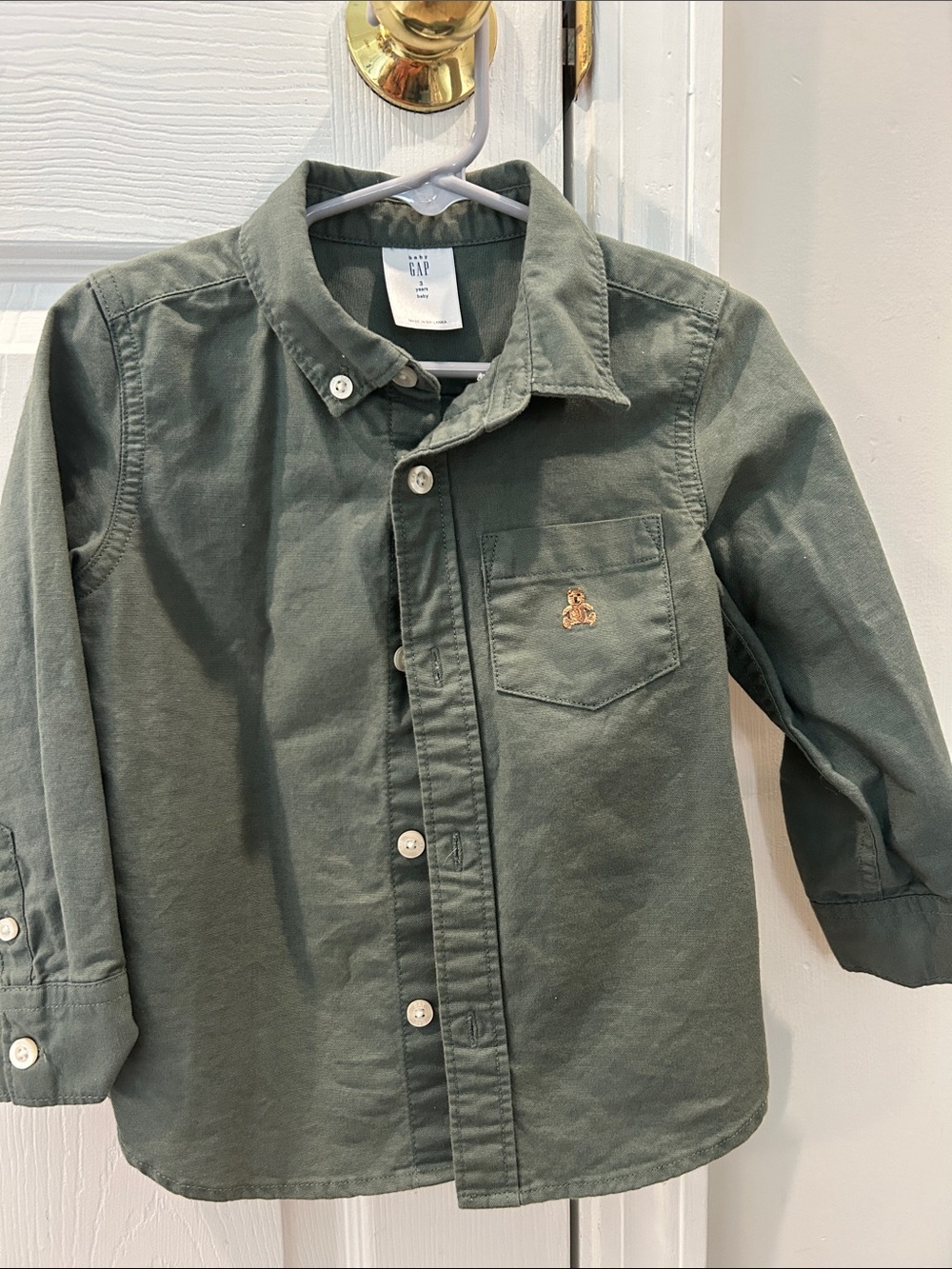 GAP Boys Green Button-Down Shirt with Pocket Bear Embroidery